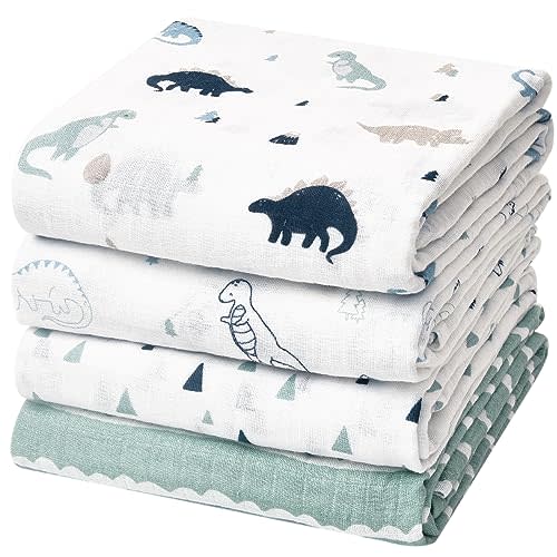 david's kids 4 Pack Baby Muslin Swaddle Blankets, 100% Cotton and Ultra Soft Breathable Receiving Blanket Wrap for Boys Girls, New Born Essentials, Dinosaur