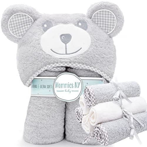 7 Pack Premium Baby Bath Towel and Washcloths Set - Organic Bamboo Cotton Hooded Towel for Boy or Girl - Cute Ears Hood - Large Size for Newborn Infant Toddler - Best Shower Gift - Grey Bear