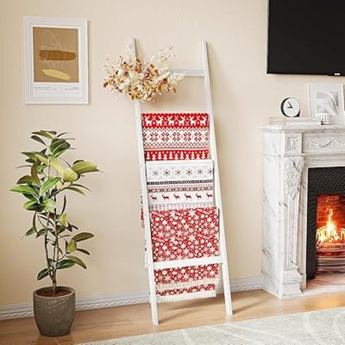 Blanket Ladder Towel Racks for Bathroom 5 Layers Towel Holder 100% Bamboo Wood Sturdy Construction No Need Wall Drilling Quilt Scarf Storage Solution Decorative Leaning Shelf for Living Room (White)
