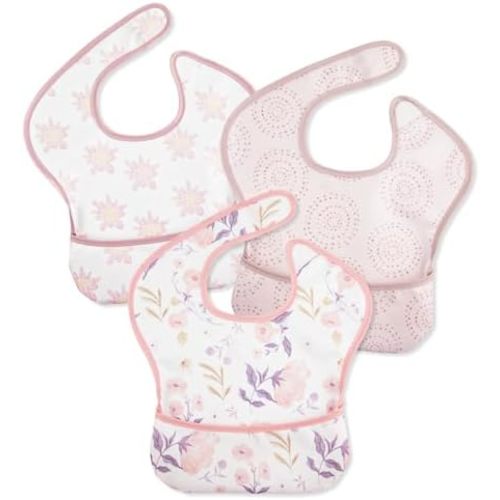 Mess Proof Baby Bib 3 Pack, Waterproof Led Weaning Baby Feeding Bibs with Food Catcher, Travel Feeding Bibs