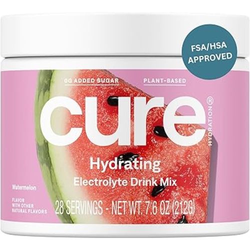 Cure Hydration | Plant-Based Electrolyte Drink Mix | No Added Sugar | FSA & HSA | Dehydration Relief Powder Made with Coconut Water | Non-GMO | Vegan | 28 Servings Jar - Watermelon