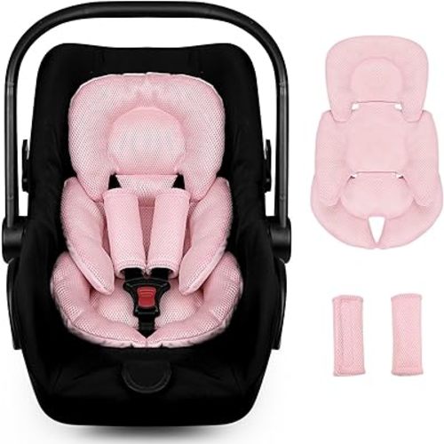 Infant Car Seat Insert for Newborn Girls Boys, Summer Mesh Baby Carseat Head Inserts with Strap Pads, Soft Reversible Baby Car Seat Insert Cushion Pad for Stroller, Bouncer, Swing, High Chair, Pink