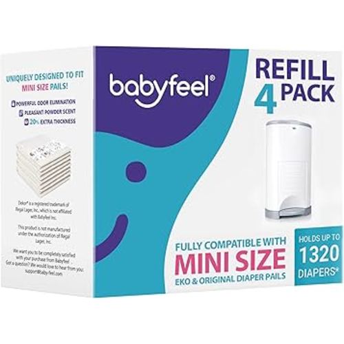 Babyfeel Refills Compatible with DEKOR MINI Diaper Pails | 4 Pack | Exclusive 20% Extra Thickness | Diaper Pail Refills with Powerful Odor Elimination | Powder Scent | Holds up to 1320 Diapers