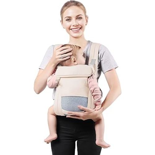 Baby Carrier Newborn to Toddler(7-30lbs), Toddler Carrier with Adjustable Shoulder Strap, Baby Holder Carrier with Breathable Mesh Fabric, Beige