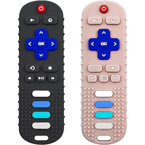 Baby Teething Toys, Food Grade Silicone Teether for Babies 3 6 12 18 Months, TV Remote Shape Toddlers Chew Toys, Freezer BPA Free (Black+Khaki)