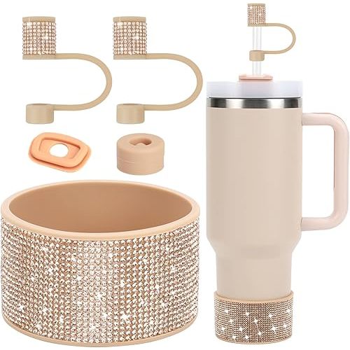 Rhinestone Stanley Cup Accessories Set Including 0.4in Bling Straw Covers, Spill Proof Stopper, Diamond Glitter Silicone Boot for Stanley Accessories 40oz (Fit 40 oz, Champagne)