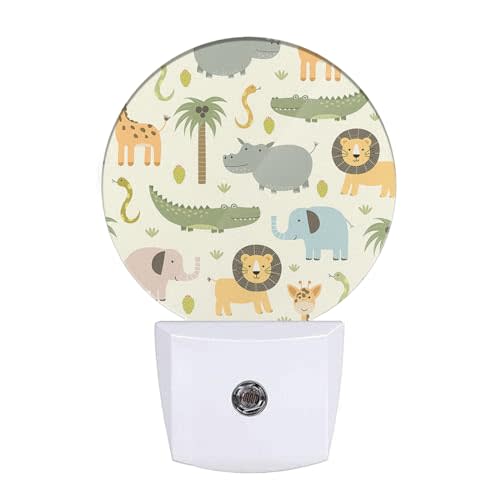Uanvaha Cartoon Safari Animals Night Lights Plug into Wall Cute Hippo Crocodile Lion Elephant and Giraffe Night Light Auto on/Off LED Lamp Sleep Friendly for Boys Girls