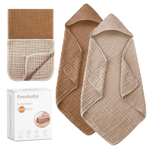 Fmebaby 2 Pack Muslin Hooded Baby Bath Towels and 2 Pack WashCloth Set, 36x36 Inch Soft Cotton Bath Towel Baby Wipes Absorbent Bath Face Towels Burp Cloths Face Towels for Girl Boy(Coffee and Apricot)