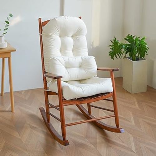 Rocking Chair Cushion Indoor Large Chair Pads Set with Ties Extra Lumbar Pillow Premium Dutch Velvet High Resilience Filler Non-Slip Bottom, Beige