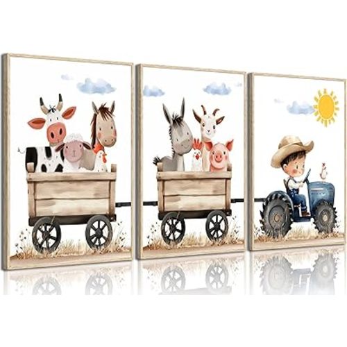 3Pcs Cute Farm Animals Wall Art Nursery Cartoon Watercolor Animal Painting Picture Wall Decor Tractor Kids Poster Print Artwork for Baby Room Playroom Girls Boys Kids Room Home Decoration