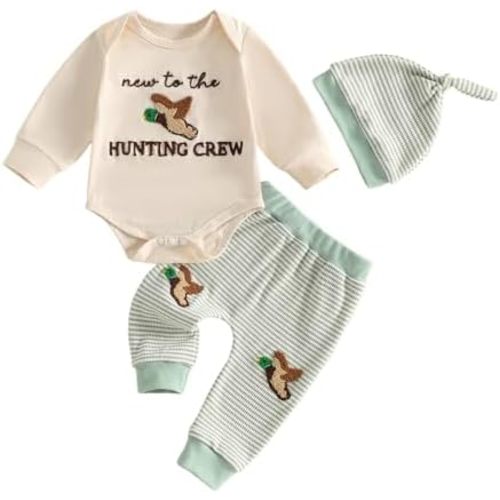 Bagilaanoe Newborn Baby Boy Outfit Fall Winter Hunting Clothes Letter Duck Long Sleeve Romper Waffle Long Pants Hat 3PCS Set