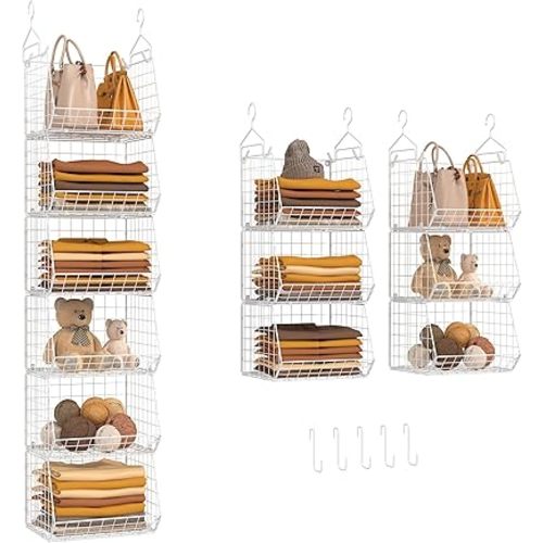 X-cosrack 6 Tier Closet Hanging Organizer, Clothes Hanging Shelves with 4 Hanging Hooks 5 S Hooks, Wire Storage Basket Bins, for Clothing Sweaters Shoes Handbags Clutches Accessories Patent