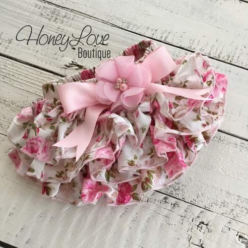 Pink Floral Print Satin Ruffle bottom bloomers, embellished diaper cover, ruffles on butt newborn, infant todder baby girl, vintage inspired