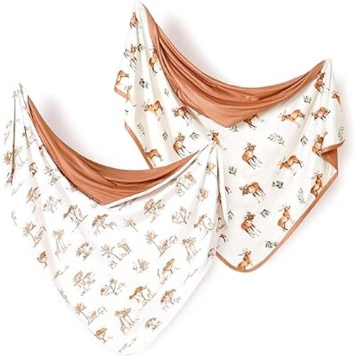 GRSSDER Baby Blankets Super Soft Stretchy Jersey Swaddle Blanket 2 Pack for Baby Boys, Double Layer Reversible Receiving Blankets 34 x 44, Extra Large for Swaddling, Elk & Elk Animals
