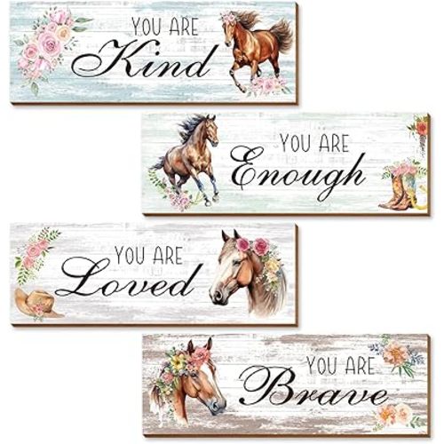 Thrist Cowgirl Horse Theme Wall Decor 4PCS Wooden Inspirational Cowgirl Theme Horse Wall Art Picture Painting Loved Brave Kind Enough Positive Quotes Wall Decor for Bathroom Bedroom Living Room