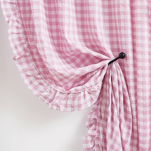 ZJDECOR Light Pink Buffalo Plaid Ruffle Curtains for Girls Room,63 Inch Crinkled Not-See-Through Sheer Drape,Shabby Chic Window Treatment for Bedroom Living Room Nursery,Rod Pocket,40"Wx63"L,Pack of 2