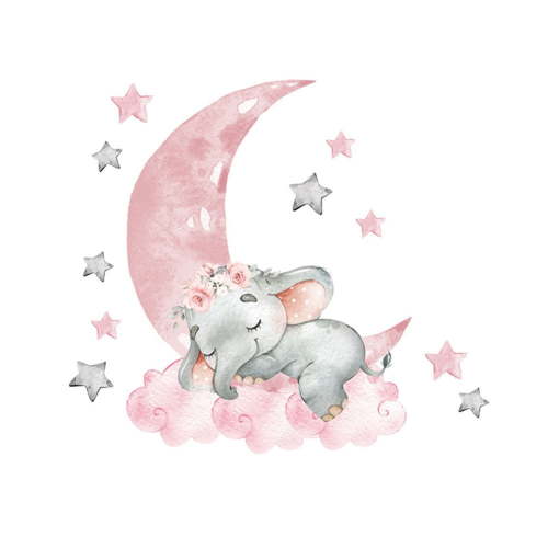 Elephant Bubbles Wall Decal, Cartoon Pink Baby Elephant Wall Stickers, Sleeping Elephant Dream Wall Decals, Moon Star Cloud Stickers Baby Girl Nursery Decor