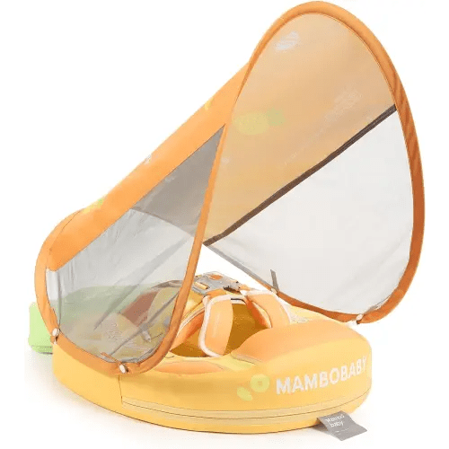 Mambobaby Float Add Tail Newest Baby Swim Float with Canopy Solid Pool Infant Swim Trainer Swimming Training Lying Air Free Water Floats Non-Inflatable Waist Swim Ring for Toddlers (Pineapple)