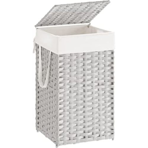 SONGMICS Laundry Hamper with Lid, 17.2 Gallon (65L) Synthetic Rattan Clothes Laundry Basket with Lid and Handles, Foldable, Removable Liner, White ULCB165W01