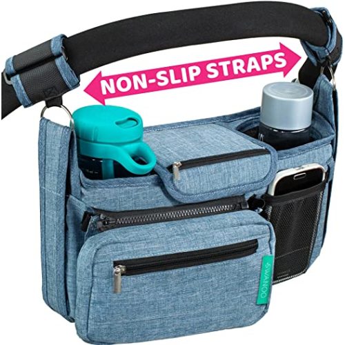 Non-Slip Stroller Organizer With Cup Holders, Exclusive Straps Grip Handlebar Universal Fit Uppababy Vista Cruz Nuna Baby Jogger Britax Bugaboo Graco Stroller Accessories Caddy Parent Console [Blue]
