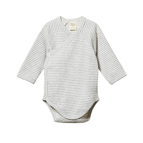 Nature Baby: Size 0-3 Long Sleeve Kimono Bodysuit (Grey Marle Stripe)