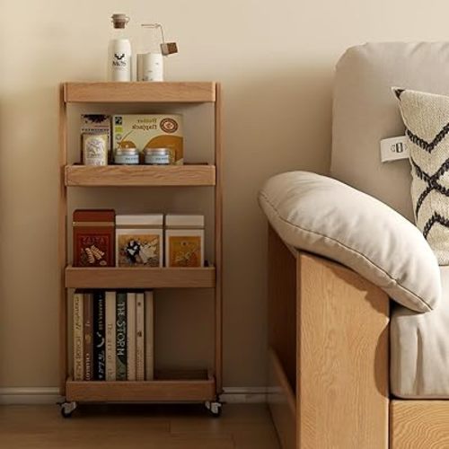 100% Solid Oak Art Storage Cart, 4-Tier Rolling Utility Cart with Wheels, Multifunctional Storage Trolley Shelving Unit on Wheels for Living Room Kitchen(Natural, 7.87" x 15.75" x 31.89")