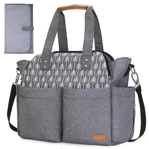 Lekebaby Diaper Bag Tote, Large Diaper Bags Waterproof,Large Mommy Bag for Hospital, Baby Bags for Mom Travel Diaper Tote Messenger Purse,Grey, Arrow Print - Dark Gray