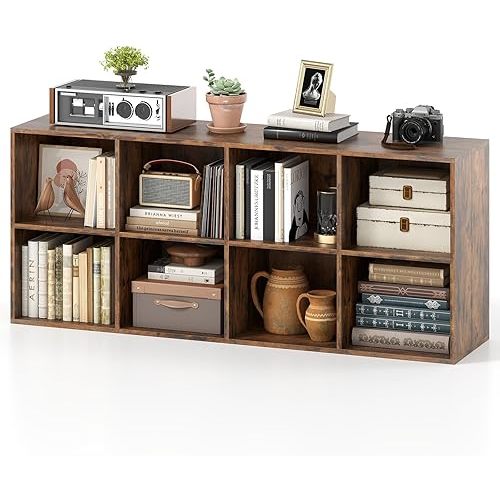 Tangkula 8-Cube Bookcase, Large Floor Standing Horizontal Bookshelf with 8 Open Shelves & 2 Anti-Tipping Kits, Home Office Wooden Storage Book Shelf for Living Room, Study (Rustic Brown, 8-Cube)
