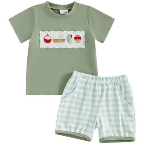 Toddler Baby Boy Fishing Outfit Fish Embroidery Short Sleeve T-Shirt Top and Plaid Shorts Set 2Pcs Summer Clothes