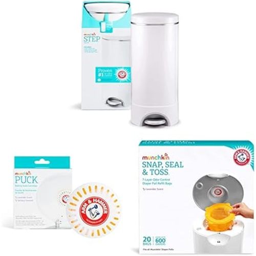 Munchkin® Step™ Diaper Pail Powered by Arm & Hammer, #1 in Odor Control, Award-Winning, Includes 21 Snap, Seal & Toss™ Bags, 1 Starter Refill Ring, and 2 Puck™ Baking Soda Cartridges