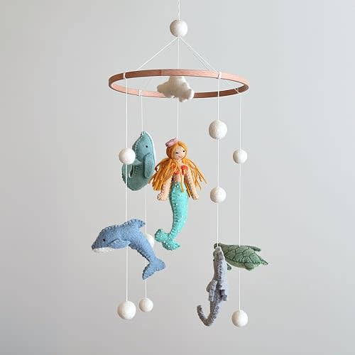 Handmade Felt Mermaid Nursery Mobile, Mermaid Crib Mobile, Boho Nursery Decor, Natural Wool & Wood Hanging Mobile, Unique Baby Shower Gift, Fair Trade & Handcrafted in Nepal