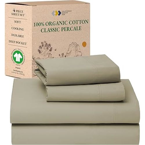 California Design Den 100% Organic Cotton Bed Sheets Full Size Set - Soft and Crisp Percale, GOTS Certified Organic Sheets Full with Deep Pockets, Cooling Full Size Bed Sheets Set - Warm Taupe