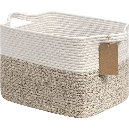 Goodpick Woven Storage Basket for Shelves, Cotton Rope Dog Toy Bin, Empty Gift Basket with Handles, Square Baskets for Storage Shelves, Brown and White Storage Bin, 13.5 x 11 x 9.5 Inches