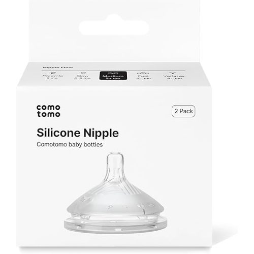 Comotomo Silicone Replacement Nipples – for Comotomo Baby Bottle 2 (2026) – Soft, Wide-Neck Silicone Nipples with Dual Anti-Colic Vents (Pack of 2), Medium Flow (3-6 Months)