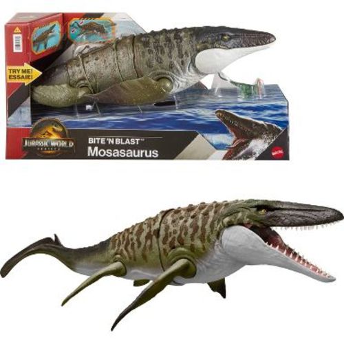 Jurassic World Rebirth Bite N Blast Mosasaurus Action Figure and Mini Dilophosaurus, Dinosaur Toy
