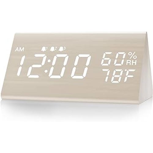 JALL Digital Alarm Clock, with Wooden Electronic LED Time Display, 3 Alarm Settings, Humidity & Temperature Detect, Wood Made Electric Clocks for Bedroom, Bedside, Desk, White