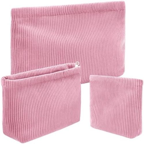 Sanwuta 3 Pack Corduroy Makeup Bag Set Cosmetic Toiletry Travel Pouch Organizer Velvet Makeup Bag for Women Large Pouch Zipper Purse Make up Organizer, Women Girls Gift(Peach Pink)