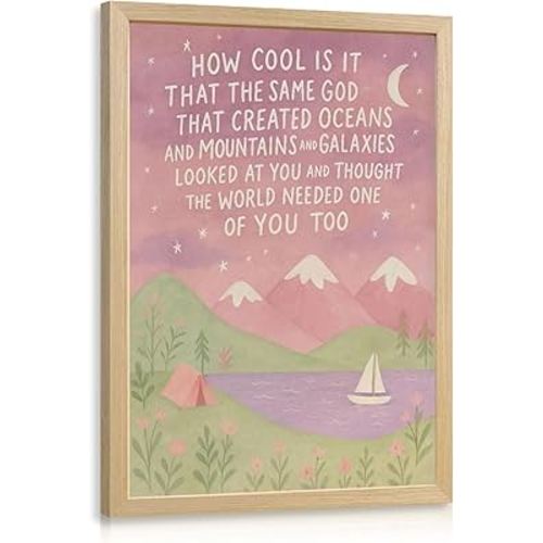 Clicyre Christian Inspirational Quote Wall Art, God Scripture Nursery Canvas Print, Pink Boho Night Mountain Wall Decor, Same God Creation Artwork for Baby Girl Room Bedroom Dorm Wood Framed 12x16 Inch