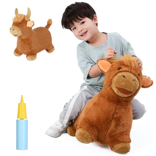 INPANY Bouncy Bull Hopping Toys - Toddler Brown Plush Highland Cow Hopper, Kids Inflatable Farm Animal Hopper Horse, Outdoor Ride on Rubber Bouncer, Toys for 2 3 4 Year Old Boy Girl Birthday Gifts