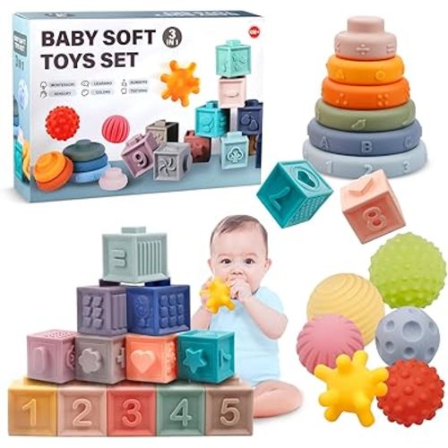 Montessori Toys for Babies 6-12 Months, Soft Baby Blocks Toys Set, 3 in 1 Infant Stacking Building Blocks, Teething Toys Sensory Balls Educational Learning Toys for Toddlers 3-6-9-11 Months Boys Girls