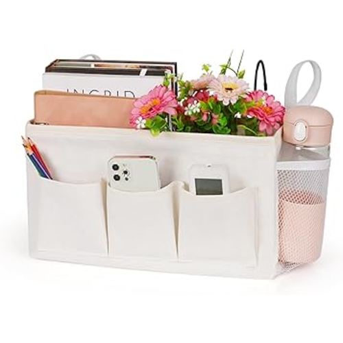 Bedside Caddy Storage Organizer with Fixed Straps and Water Bottle Holder for Home, College, Dorm, Bunk/Hospital/Crib Bed Rails, White