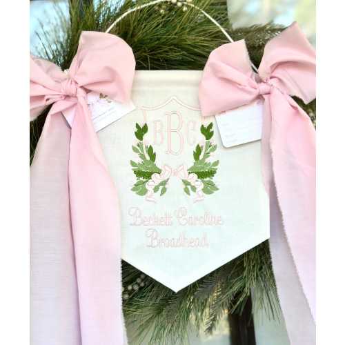 Custom Baby Banner Floral Crest Welcome Banner, Hospital Door or Crib Bassinet Nursery with Fabric Bows and Birth Stats Card