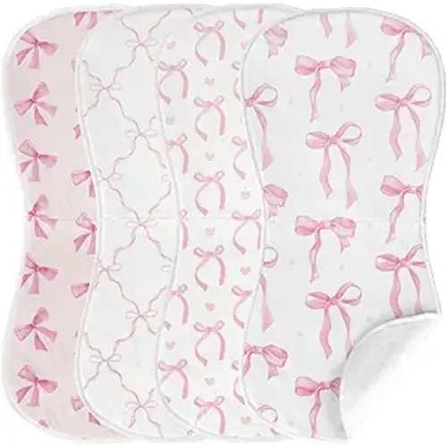 4 Pack Pink Bow Baby Burp Cloths Soft Absorbent Spit up Rags Cherry Burp Cloths Pink Burping rag for Boy Girl Newborn Gifts Nursery Decor, 19 x 9 Inches