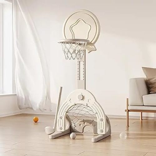 Kids Easy Score Basketball Set, Indoor Outdoor Basketball Hoop Set Adjustable Height Levels,Toddler Sports Activity Center,Basketball Soccer Golf Game Set, Gift for Baby Toy for Baby & Toddlers (Grey)