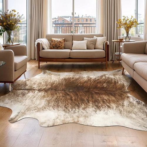 AROGAN Cowhide Rug Faux Fur 4.6 x 5.2 Feet Cow Print Western Floor Carpet for Bedroom Living Room