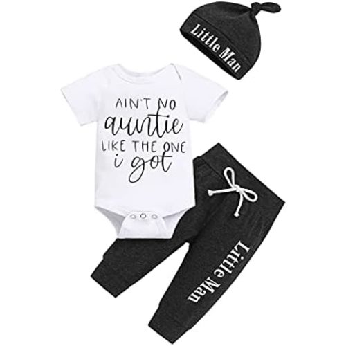 TUEMOS Newborn Infant Baby Boy Clothes Letter Print Romper Pants Set Hat 3PC Outfits Set