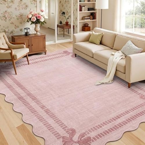 Latte&Fog Washable Pink Rug for Living Room, 6x9 Scalloped Bow Area Rugs for Girls Bedroom, Kitchen, Vintage Floral Throw Rug for Kids Nursery, Non-Slip Soft Carpets for Bathroom, Beside, Dorm, Office