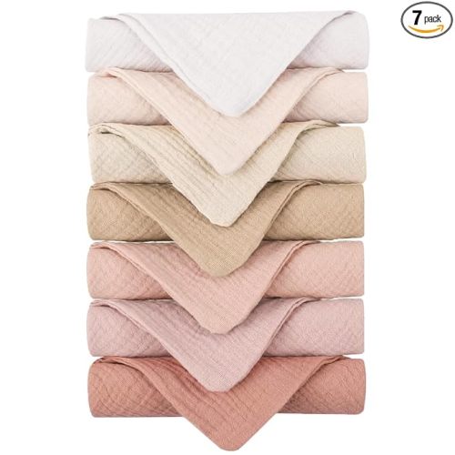 Konssy Baby Muslin Washcloths 7-Pack, 100% Cotton Baby Bath Washcloths, Soft & Absorbent Wash Cloths and Burp Cloths for Newborn Kids Girls & Boys, 11x11 inches