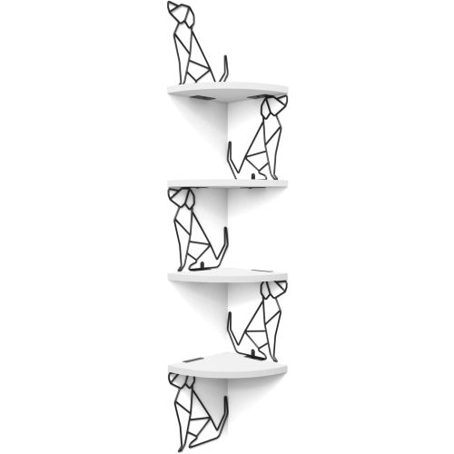 Alsonerbay White Corner Shelf Wall Mount, 4 Tier Floating Shelf for Wall Storage, Rustic Wood Shelves for Bedroom, Living Room, Bathroom, Entryway, Garage (Dog Shaped)