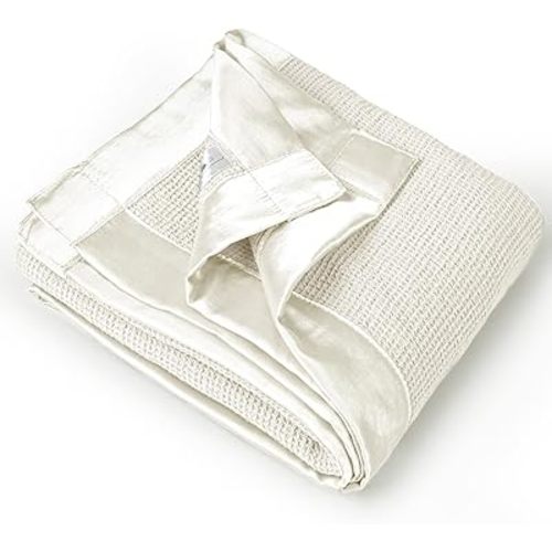 Lulu moon Swaddle Baby Blanket: Waffle Blanket with Satin Trim - Soft Breathable Toddler Blanket Perfect for Nursing Cover and Playtime - Cotton Crib Blanket for Daytime Naps 40"x36"(Cream)